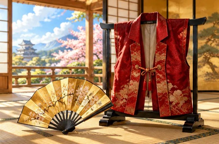 日差しが差し込む畳敷きの部屋に置かれた金箔の扇と陣羽織