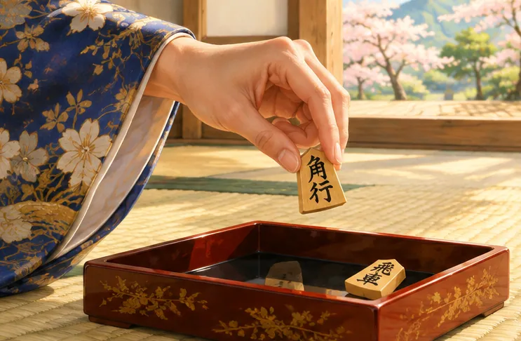 絹の袖口から差し出された将棋の駒を持つ手