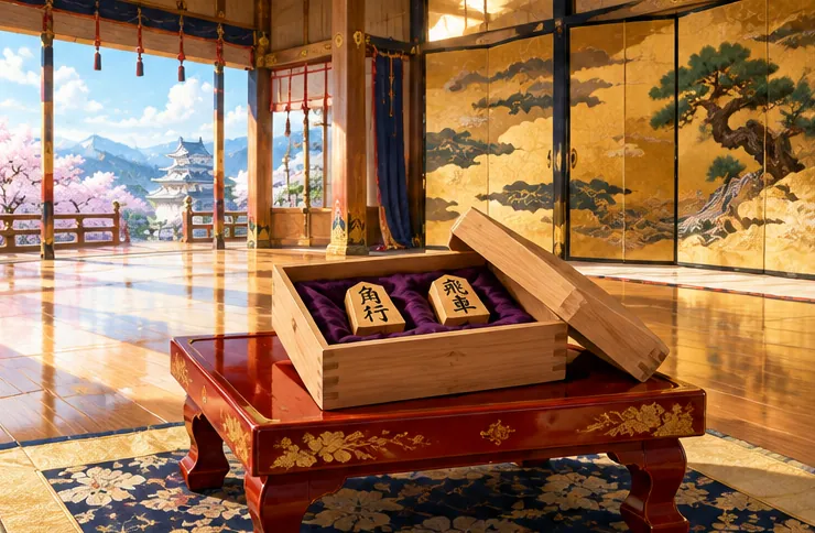 A piece box resting in a castle hall lined with gold folding screens