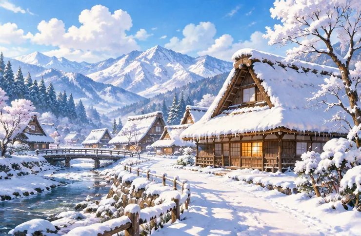 Winter landscape of a quiet village in Echigo wrapped in snow