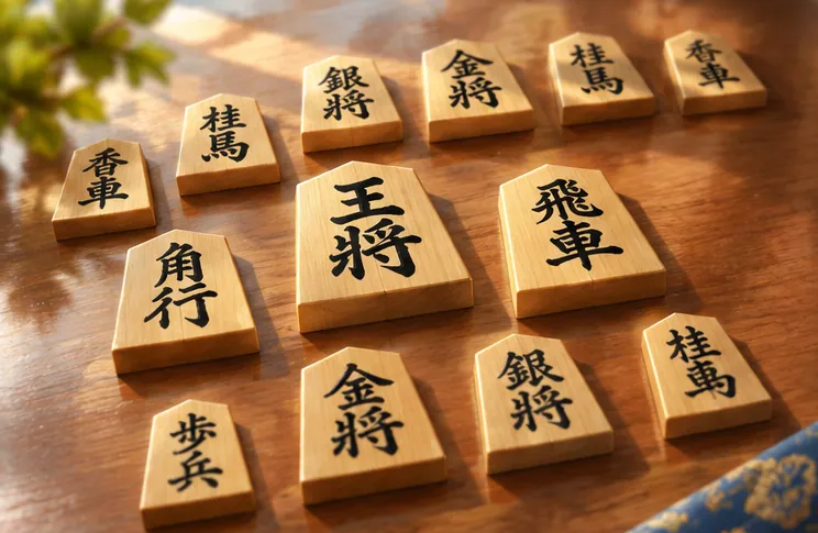 木製の将棋駒が並べられた対局の風景