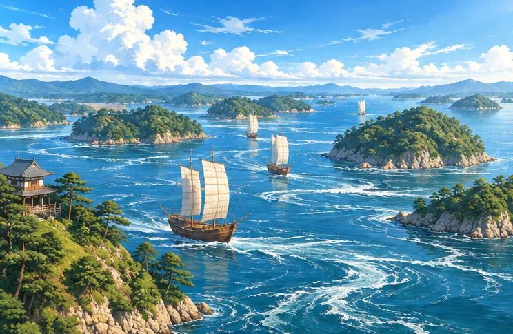 瀬戸内海の緑の島々と白い帆船が浮かぶ海面で、渦潮が巻いている明るい風景