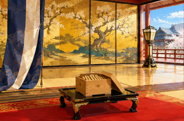 Wooden piece box and Shogi pieces placed in a grand hall with glowing golden screens
