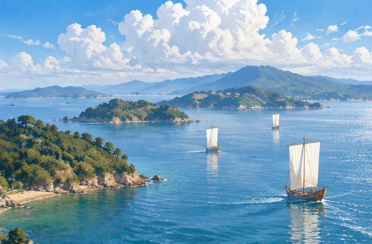 Islands of the Seto Inland Sea and white-sailed ships bathed in bright sunlight