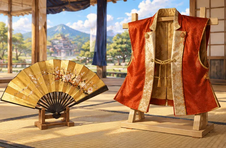 金箔の扇と鮮やかな陣羽織