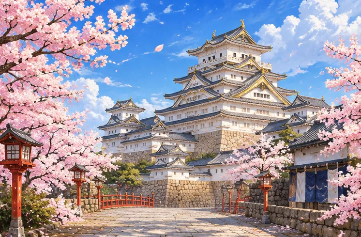 桜が咲く城の天守
