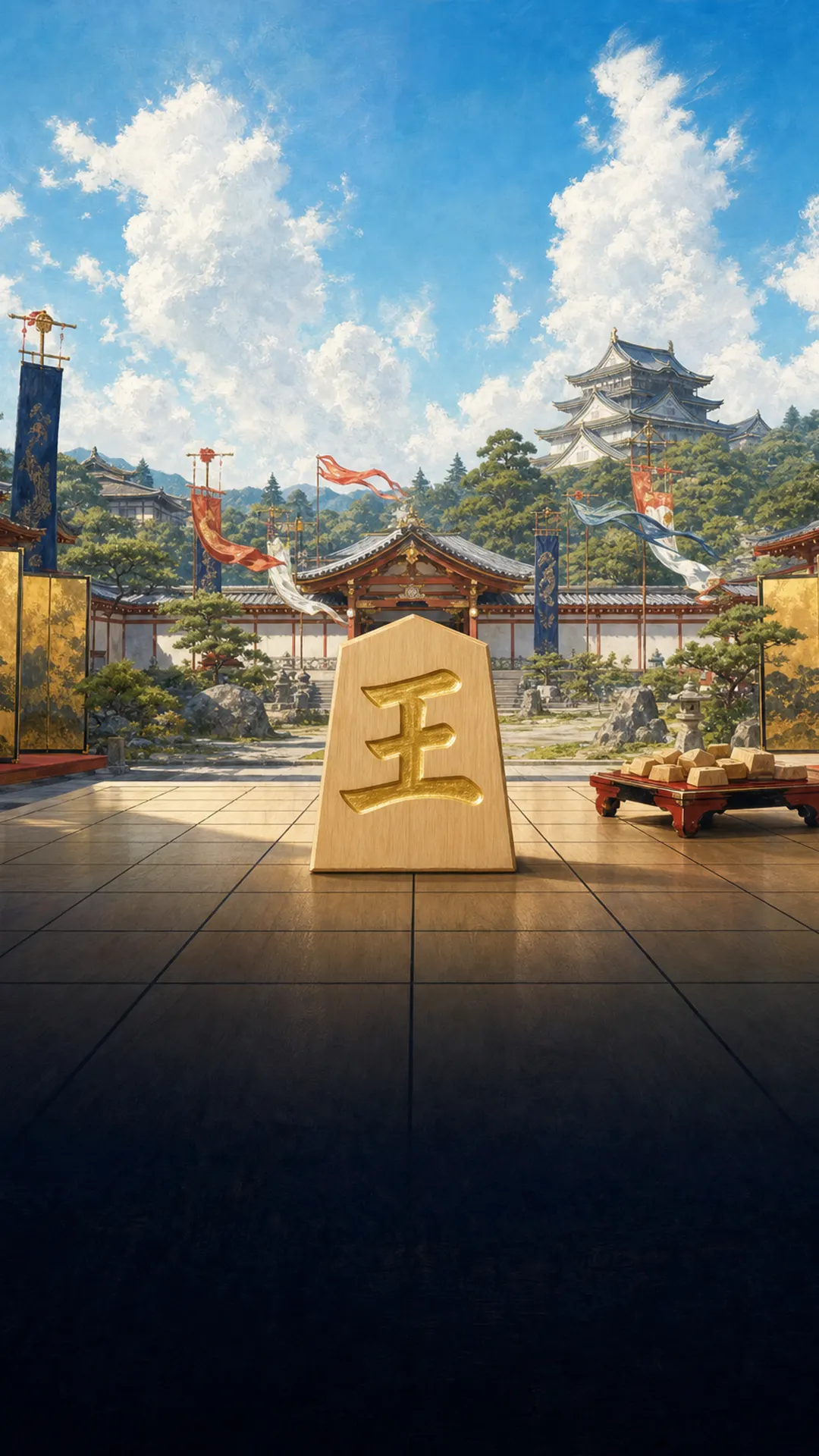 青空の下、白木の盤をはさんで向かい合うからくり大名たち
